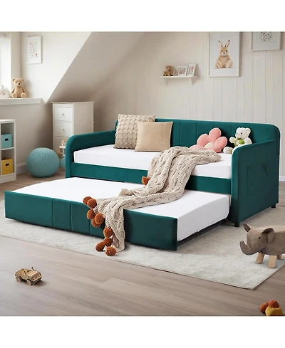 Rainsken Twin Daybed with Trundle, Velvet Upholstered Sofa Bed Frame Usb Port, Side Pockets and Wood Slat Support for Living Room