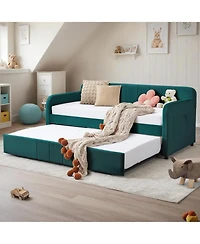 Rainsken Twin Daybed with Trundle, Velvet Upholstered Sofa Bed Frame Usb Port, Side Pockets and Wood Slat Support for Living Room