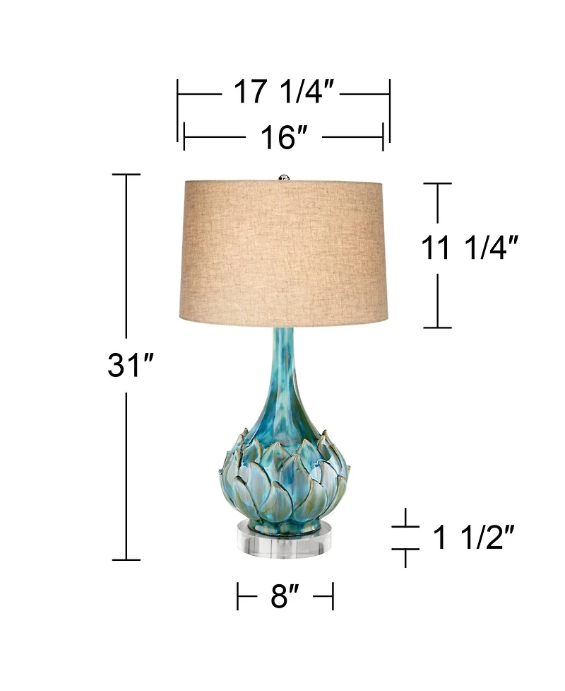 Possini Euro Design Kenya Modern Table Lamp with Round Riser 31" Tall Blue Green Ceramic Beige Linen Shade for Bedroom Living Room Bedside Nightstand