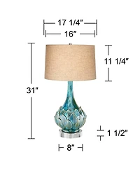 Possini Euro Design Kenya Modern Table Lamp with Round Riser 31" Tall Blue Green Ceramic Beige Linen Shade for Bedroom Living Room Bedside Nightstand