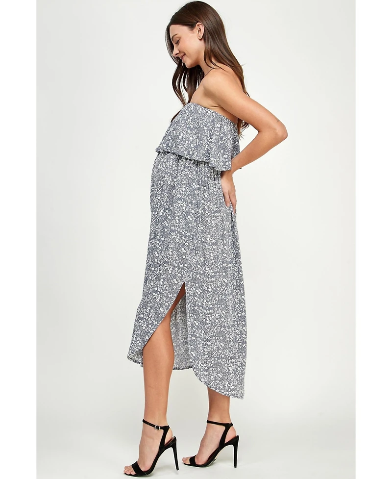 Hello Miz Maternity Floral Strapless Ruffle Overlay Midi Dress with Side Slit