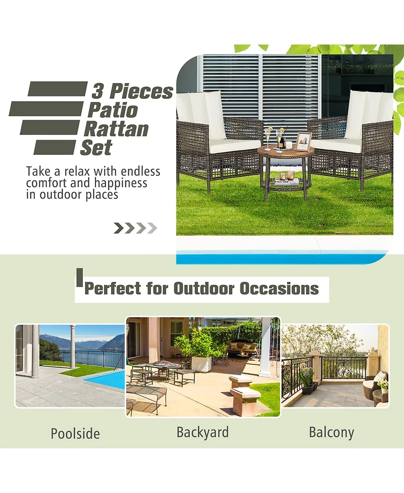 Costway 3PCS Patio Rattan Furniture Set Cushioned Sofas Wood Table Top W/Shelf