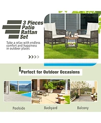 Costway 3PCS Patio Rattan Furniture Set Cushioned Sofas Wood Table Top W/Shelf