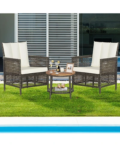 Costway 3PCS Patio Rattan Furniture Set Cushioned Sofas Wood Table Top W/Shelf