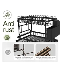 2 Tier Anti-Rust Dish Drying Rack with Drainage Spout for Kitchen