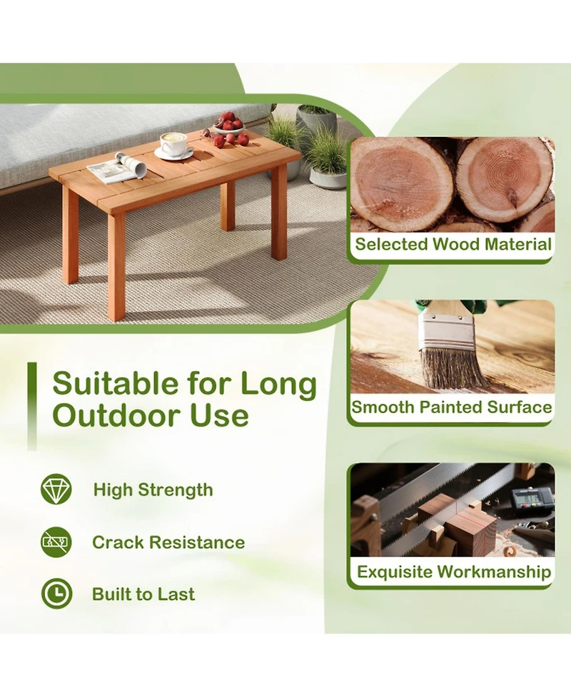 Sugift Rectangular Slatted Solid Wood Outdoor Patio Coffee Table