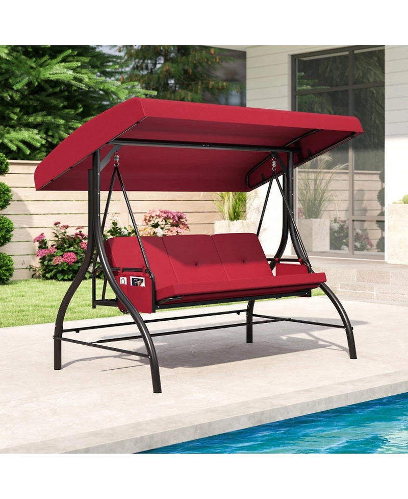 Sugift 3-Piece Patio Swing with Canopy Removable Cushions and Side Pockets
