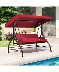 Sugift 3-Piece Patio Swing with Canopy Removable Cushions and Side Pockets