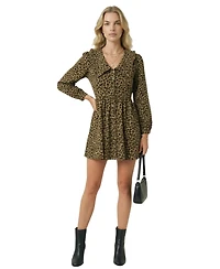Modenaire Women's Leopard Print Oversized Collar Long Sleeve Mini Dress