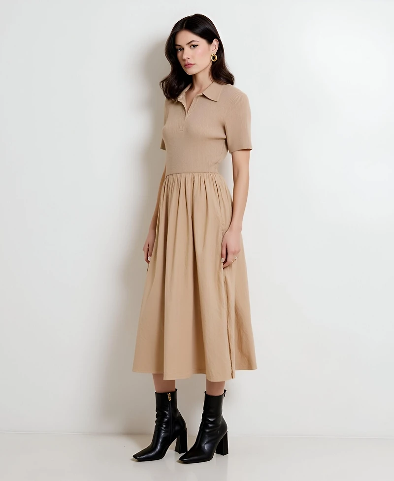 Modenaire Women's Polo Collar Short Sleeve Sweater Midi Dress