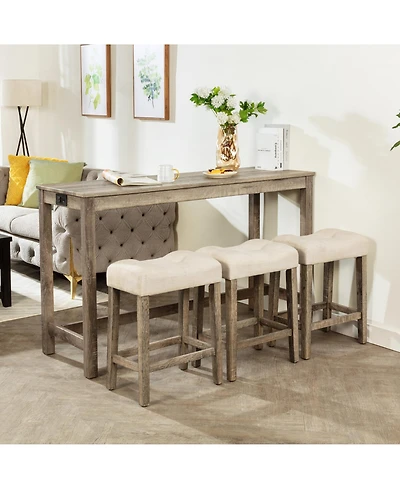 Rainsken Bar Table and Chairs Set of 4, Industrial Height Dining with 3 Padded Stools Power Outlet for Living Room