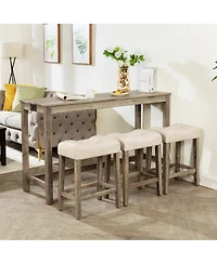 Rainsken Bar Table and Chairs Set of 4, Industrial Height Dining with 3 Padded Stools Power Outlet for Living Room