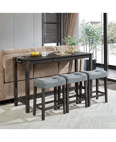Rainsken Bar Table and Chairs Set of 4, Industrial Height Dining with 3 Padded Stools Power Outlet for Living Room