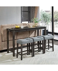Rainsken Bar Table and Chairs Set of 4, Industrial Height Dining with 3 Padded Stools Power Outlet for Living Room