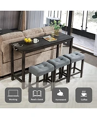 Rainsken Bar Table and Chairs Set of 4, Industrial Height Dining with 3 Padded Stools Power Outlet for Living Room