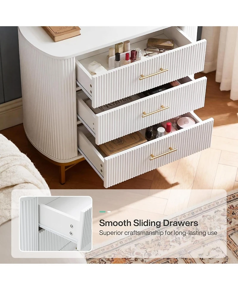 Tribesigns White Nightstand with 3 Drawers, 31.5" W Modern Bedside Table, Fluted Night Stand with Gold Legs