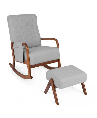 Slickblue Wooden Rocking Chair with Ottoman Set, Padded Cushion and Solid Rubber Wood Frame