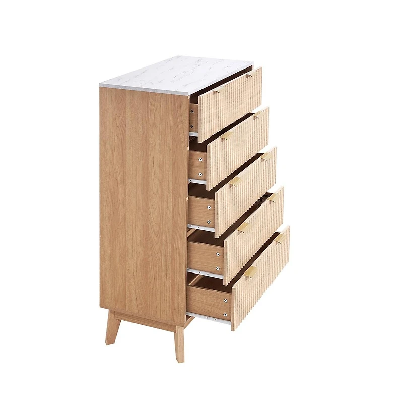 Sugift 5 Fluted Drawer Dresser Wooden Chest of Drawers with Sliding and Anti-tip Device Modern