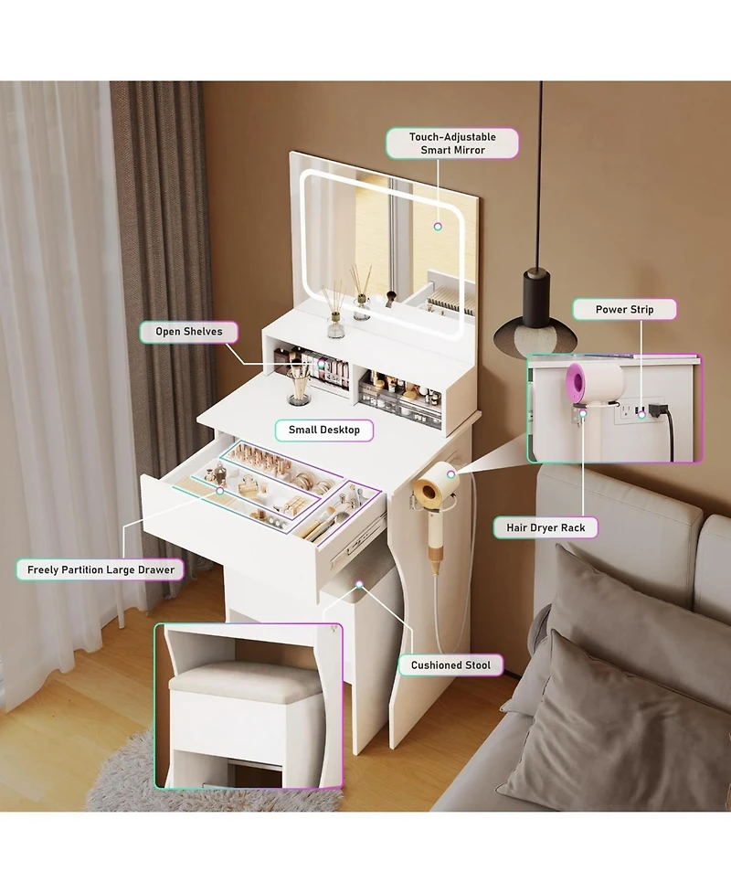 Dyhome Makeup Vanity Desk with Rgb Lighting, Power Outlet and Led Mirror