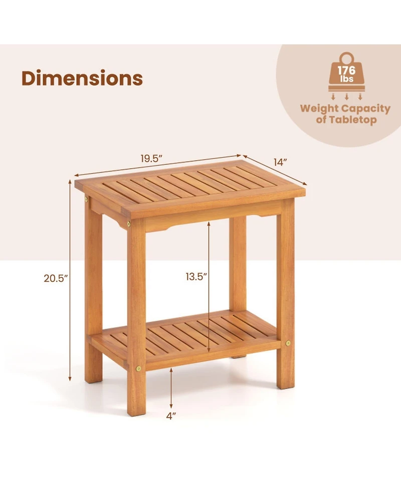 Gouun 2-Tier Outdoor Acacia Wood Side Table with Slatted Tabletop and Storage Shelf, 19.5 in
