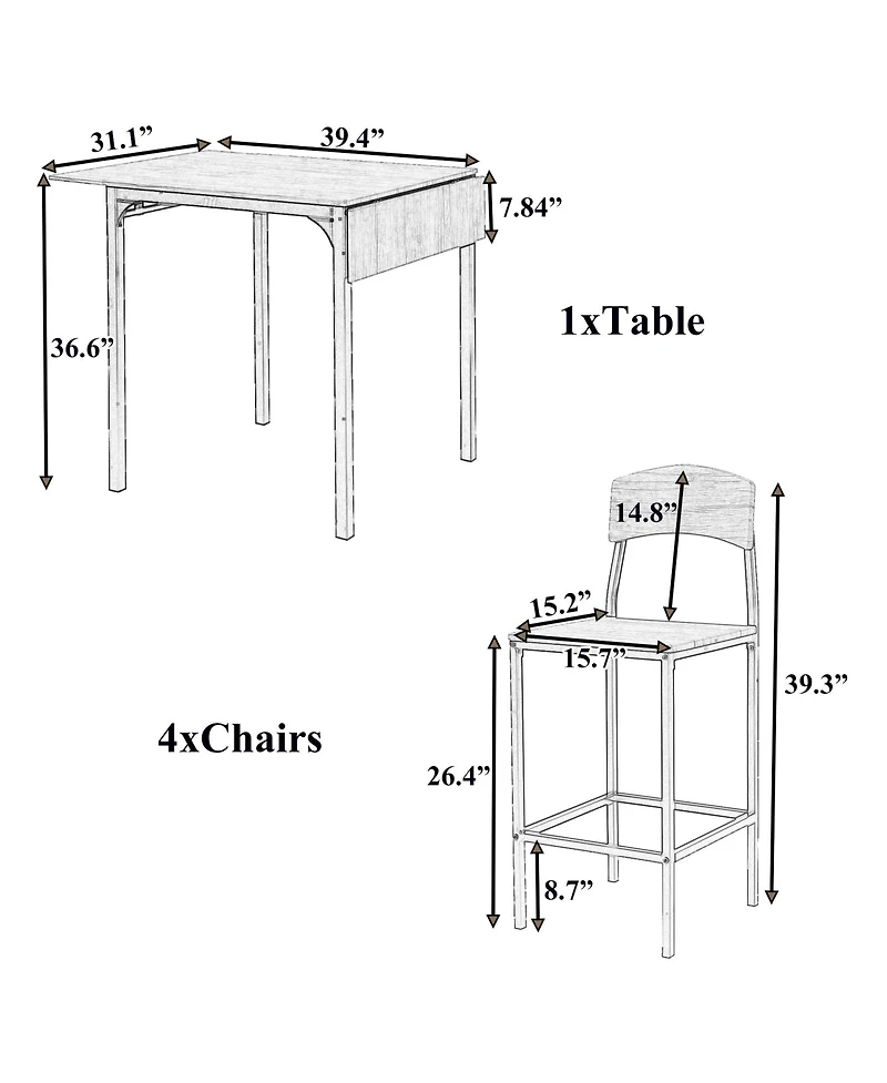 Clihome 5-Piece Counter Height Drop Leaf Dining Table Set with Chairs Farmhouse Style