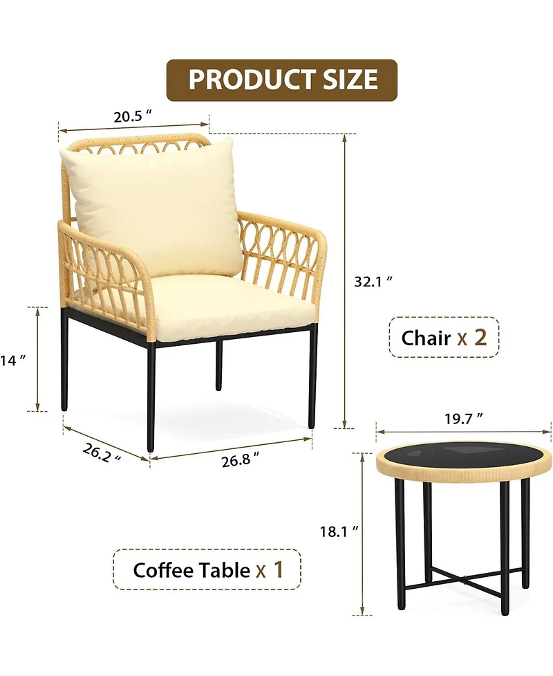 gaomon 3-Piece Patio Bistro Set with Cushions and Glass Top Table