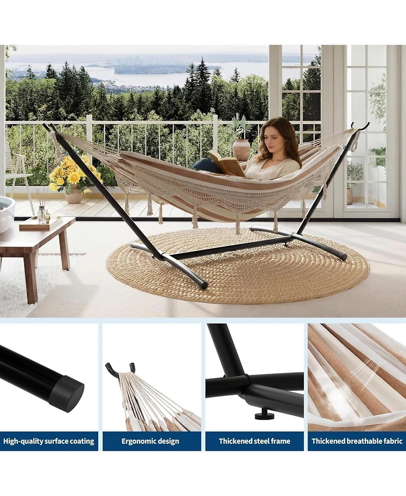 gaomon 450 Lbs Capacity Portable Double Hammock with Stand for Outdoor Patio Backyard Poolside, Tan Stripes, Tan Stripes