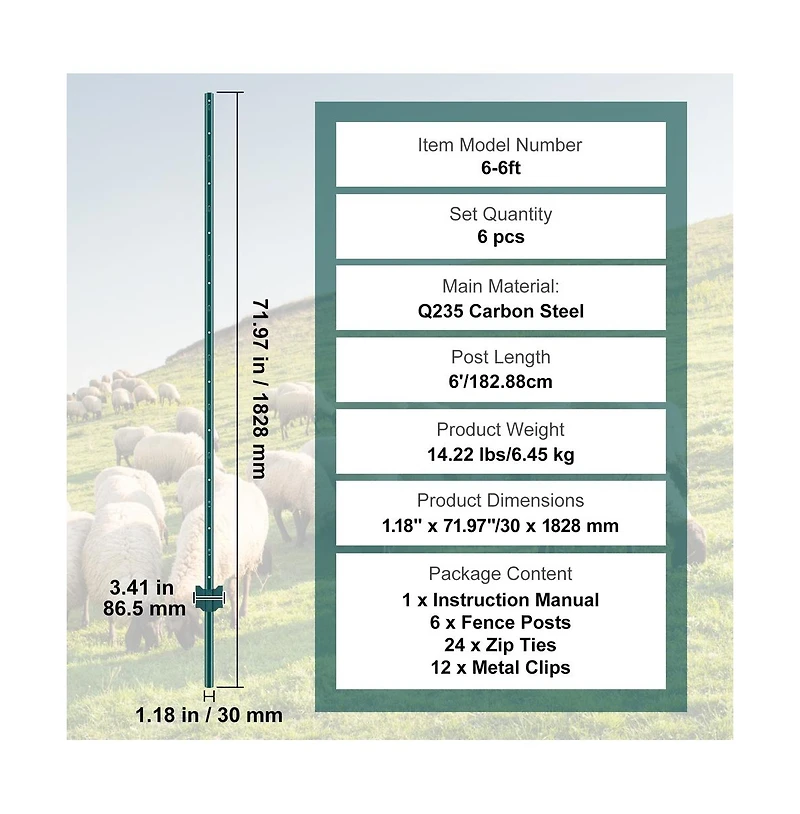 Sugift 6 feet U-Channel Fence Post 6 Pack Heavy Duty Steel Stakes