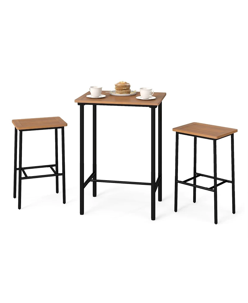 Sugift 3 Pieces Acacia Wood Patio Bar Set Rectangular Table with Metal Frame