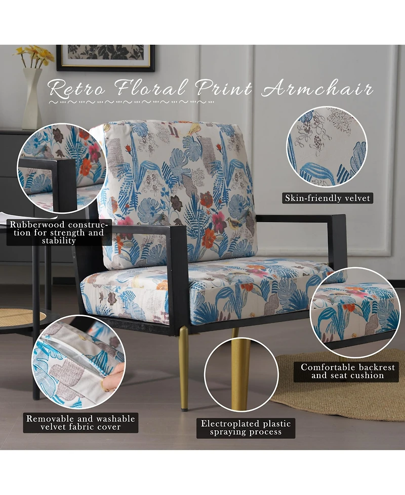 Rainsken Velvet Upholstered Armchair, Accent Chair with Solid Wood Frame and Metal Legs for Living Room, Balcony Bedroom