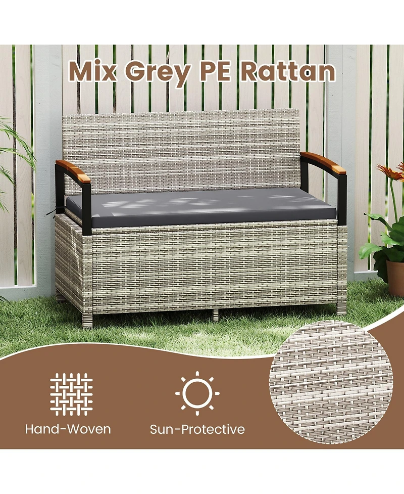 Gymax Outdoor Storage Bench w/Cushion Backrest and Acacia Wood Armrests Hidden Storage