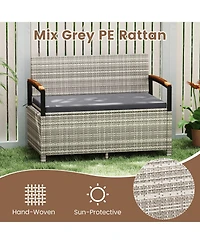 Gymax Outdoor Storage Bench w/Cushion Backrest and Acacia Wood Armrests Hidden Storage