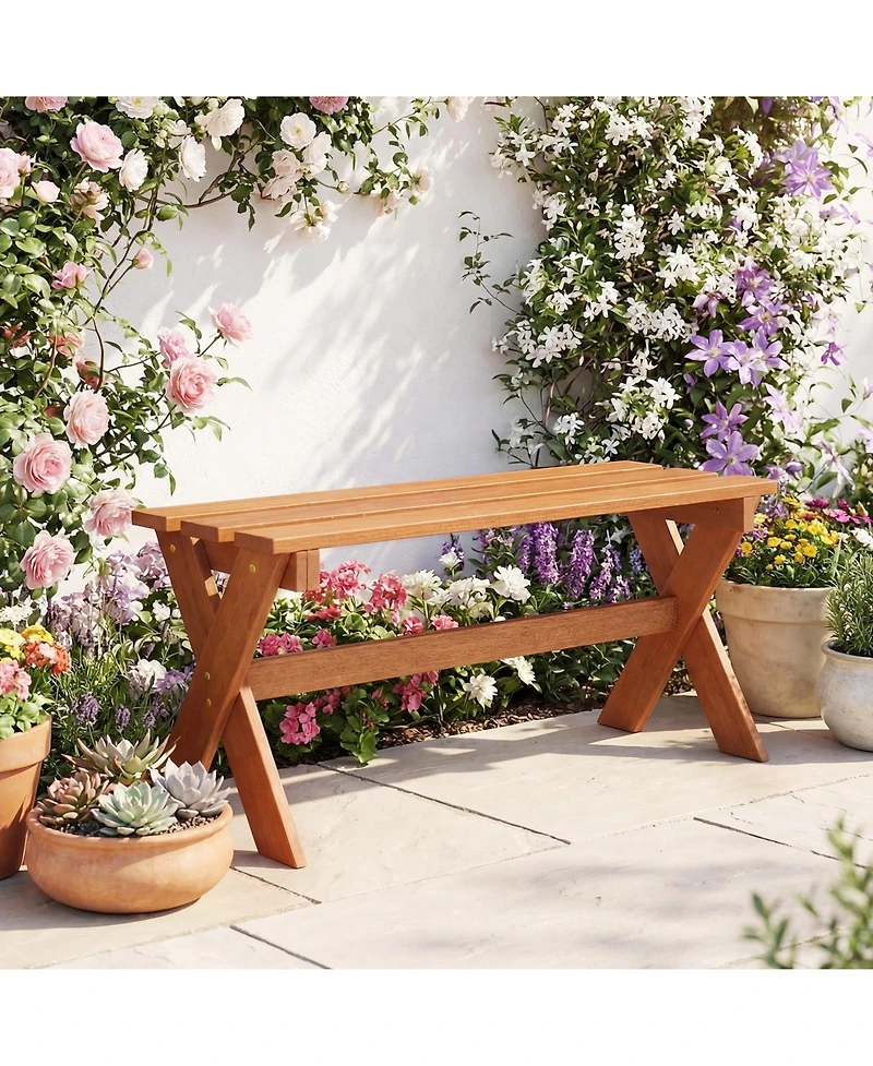 Gymax 36'' Outdoor Solid Wood Bench Teak Oil Finish and Slatted Seat for Porch