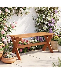 Gymax 36'' Outdoor Solid Wood Bench Teak Oil Finish and Slatted Seat for Porch