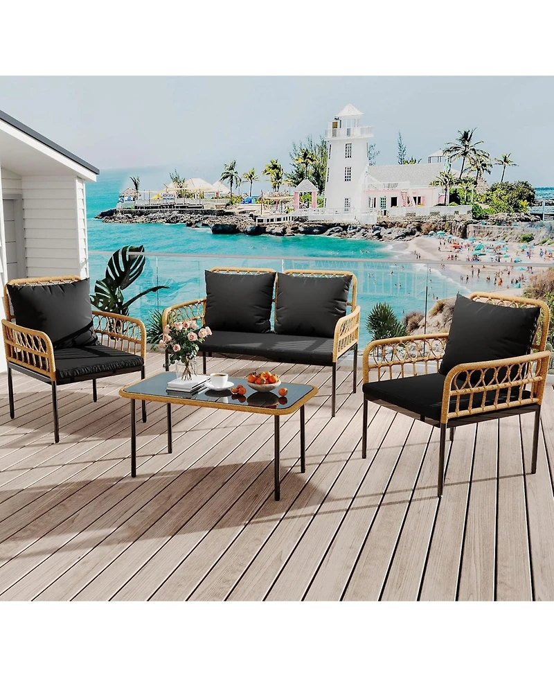 gaomon 4-Piece Patio Seating Set with Glass Coffee Table, Wicker and Cushions