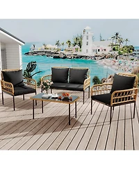 gaomon 4-Piece Patio Seating Set with Glass Coffee Table, Wicker and Cushions