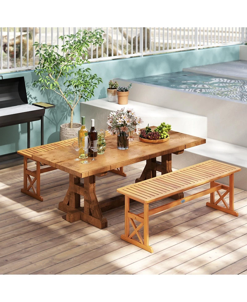 Gymax 2 Pcs 51 Inches Acacia Wood Outdoor Bench Slatted Seat and X-Shaped Frame