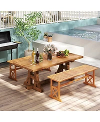 Gymax 2 Pcs 51 Inches Acacia Wood Outdoor Bench Slatted Seat and X-Shaped Frame