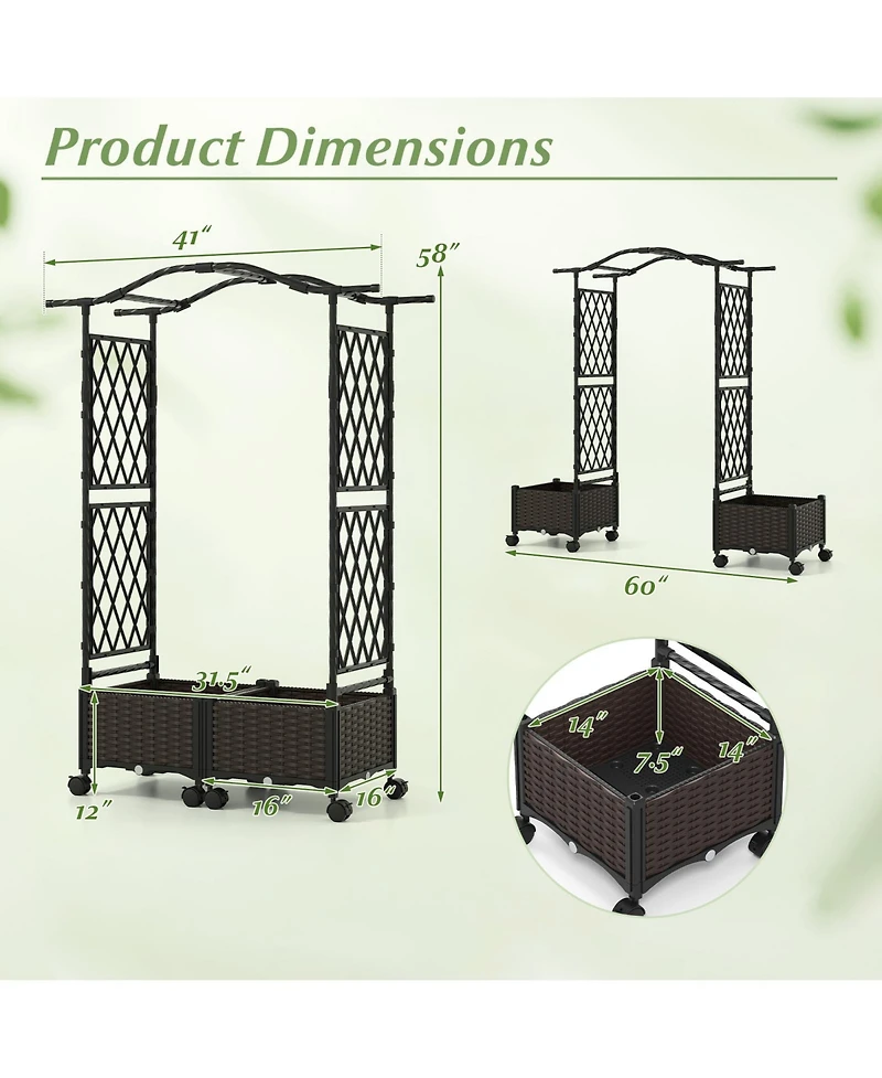 Gymax 2Pieces 5 Ft Self-Watering Planter Boxes w/Lattice Trellis and Roof Lockable Wheels