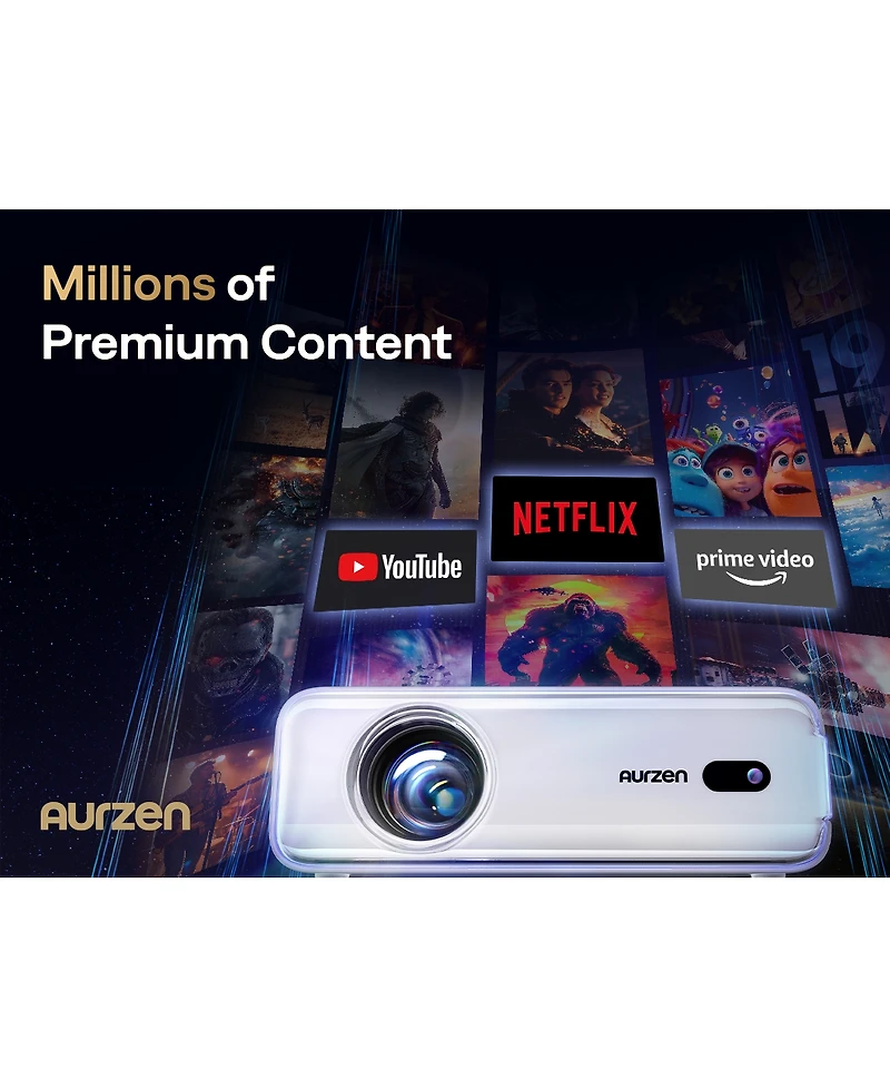Aurzen Mini Smart Projector with NetfIix Included, Auto Focus and Keystone, 16W DoIby Audio, for Home Theater and Outdoor Use