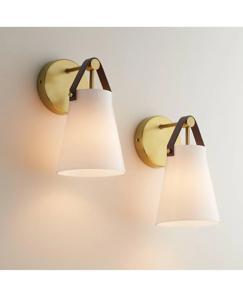 360 Lighting Ashley Antique Brass and Leather Wall Sconce Set of 2