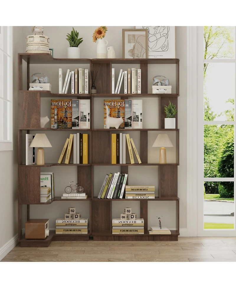 Rainsken 5 Tier L Shaped Bookcase, Modern Geometric Wood Corner Bookshelf, for Home Office, Living Room, Bedroom
