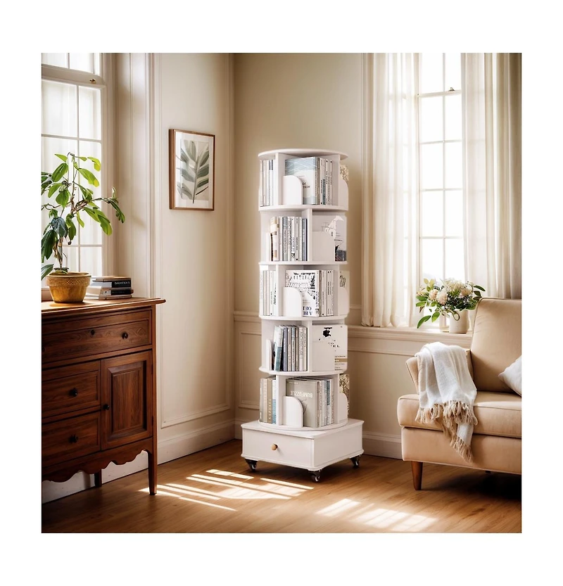 sumyeg 360 Degree Rotating Display Corner Bookshelf 6 Tier Bookcase Storage Rack with Wheels