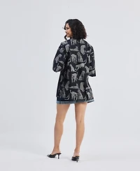 Reistor Women's Oversized Shirt with Front-ties Animal Print