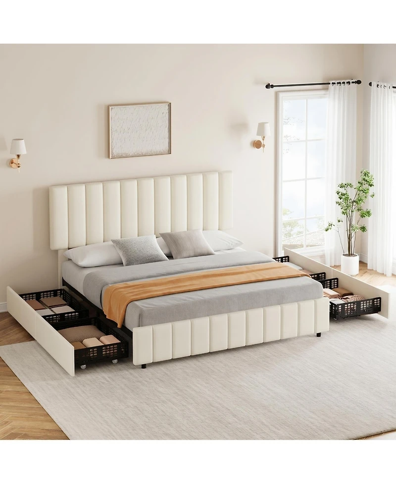 Gaomon Linen Upholstered Platform Bed Frame, 4 Storage Drawers, Adjustable Height Headboard, No Box Spring Needed