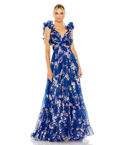 Mac Duggal Women's Ruffle Tiered Floral Cut-Out Chiffon Gown