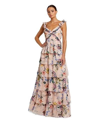 Women's Strapless Floral Chiffon Gown with Ruched Detail