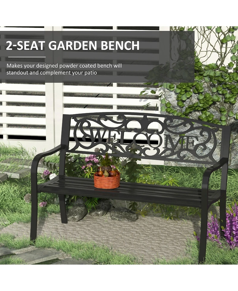 Outsunny 50" 2-Person Garden Bench Loveseat with Cast Iron Decorative Welcome Vines, Outdoor Patio Bench for Backyard, Porch, Entryway