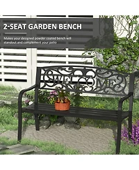 Outsunny 50" 2-Person Garden Bench Loveseat with Cast Iron Decorative Welcome Vines, Outdoor Patio Bench for Backyard, Porch, Entryway