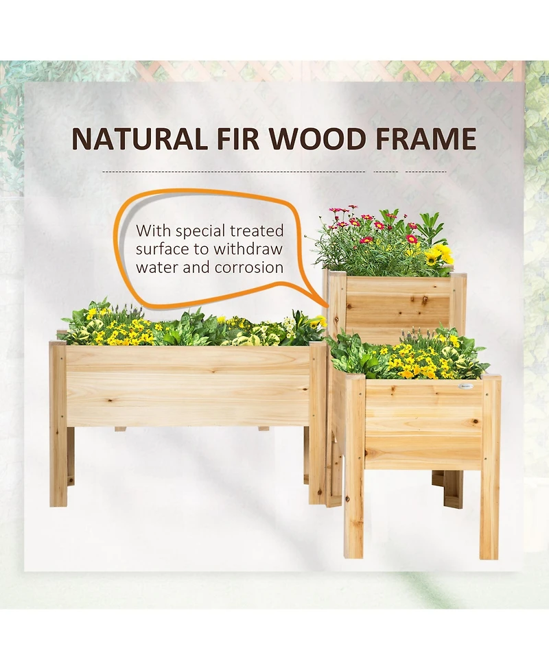 Raised Garden Bed, Set of 3 Wood Box & Trough Planters, Draining